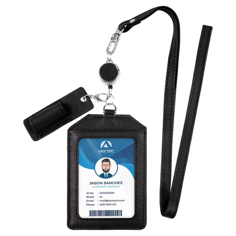 boshiho Office Badge Holder - Boshiho Genuine Leather Credit ID Card Holder with Stretch Neck Lanyard Vertical Style (Black) - Image 1